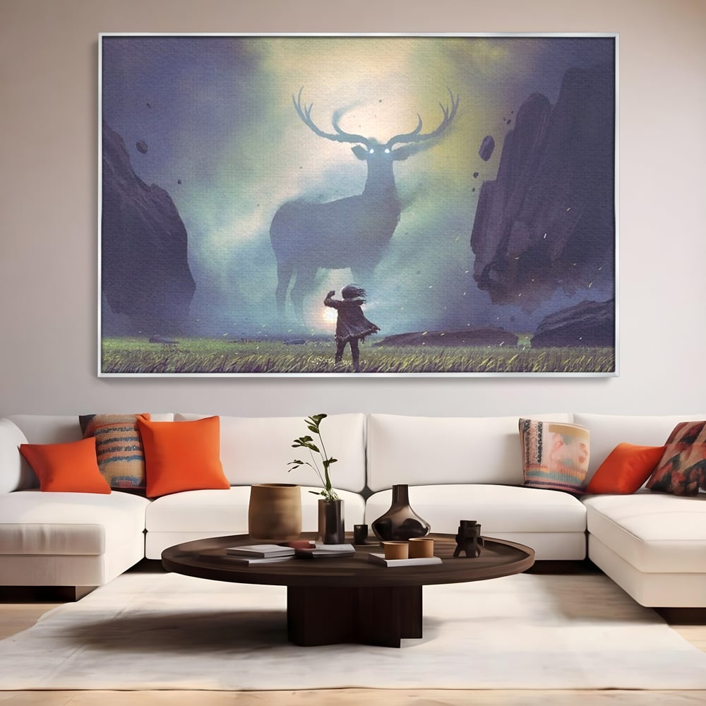 Tablou canvas cu tablou canvas cu cerb urias si copil, in rama de aluminiu argintiu, pe perete intr-un living